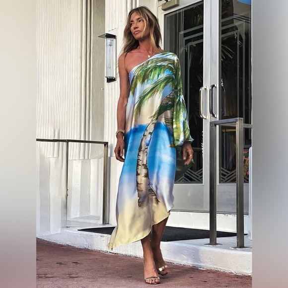 Lena Vie Boutique Dresses & Skirts - Palm Beach Aqua Luxury Asymmetrical Kimono Dress, One Arm Boat Neck Coverup